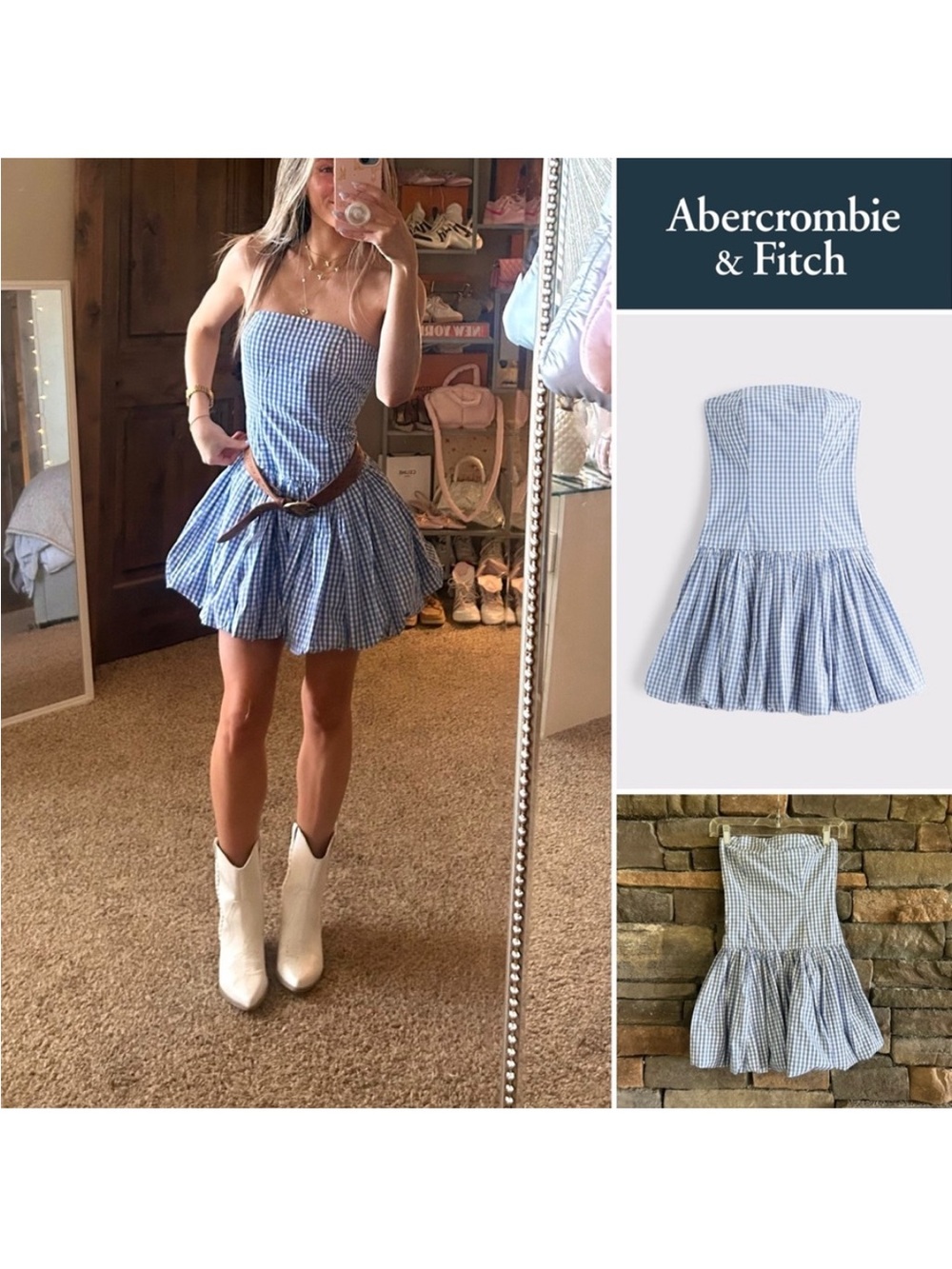 Abercrombie & Fitch Light Blue Gingham Strapless Bubble Hem Mini Dress